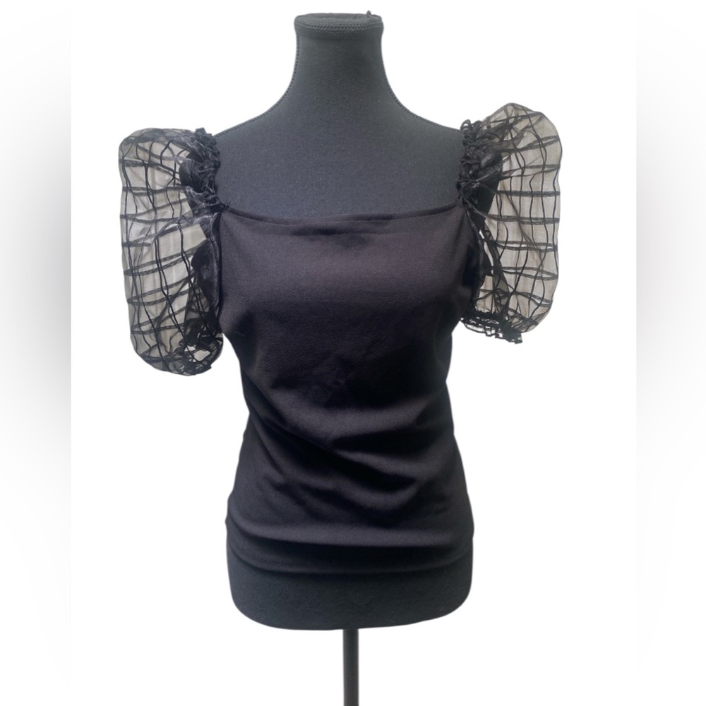 Shinestar Black Blouse with Sheer Puff Sleeves GUC L